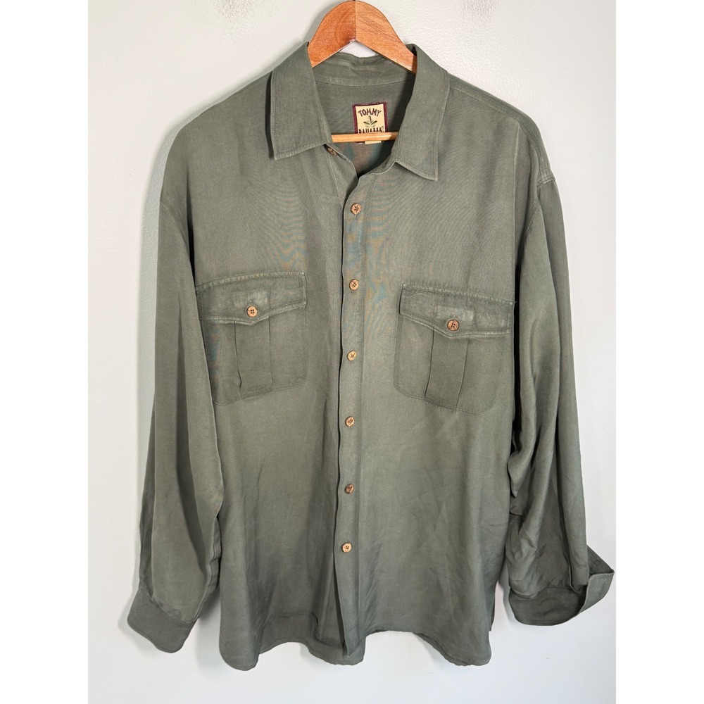 Vintage 90s Tommy Bahama Silk Button Down Shirt M Large Olive Green Long Sleeve